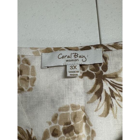 Coral Bay Top Womens 3X Ivory Tan Pineapples Linen Blend Tropical Resort Beach‎ - Picture 6 of 10